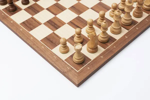 Κοντινό Πλάνο Σύνολο Ξύλινης Σκακιέρας Κομμάτια Σκακιού Έτοιμα Για Παιχνίδι Royalty Free Εικόνες Αρχείου