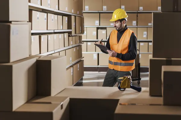 Warehouse Worker Holding Clipboard Checking Boxes Logistics Shipment Concept Stock Image