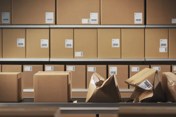 Crushed Cardboard Boxes Conveyor Belt Warehouse Stock Photo