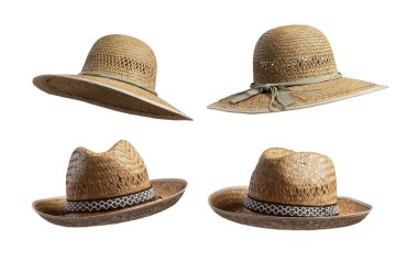Farklı bakış açılarından beyaz arkaplanda izole edilmiş saman şapkalar.