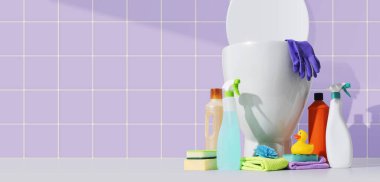 Clean toilet in the bathroom, assorted detergents and cleaning supplies: hygiene and housecleaning concept, banner with copy space clipart