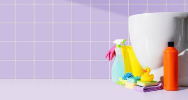 Banyoda temiz tuvalet, çeşitli deterjanlar ve temizlik malzemeleri: hijyen ve temizlik konsepti, fotokopi alanı olan pankart