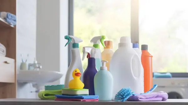 stock image Assorted detergents and cleaning supplies in the bathroom at home, housecleaning and hygiene concept