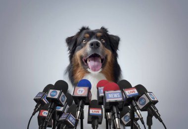 Basın konferansında mikrofonlara konuşan neşeli köpek.