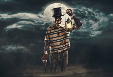 Kafatası kafatası ve kanlı giysileri olan korkunç kötü karakter kameraya bakıyor, Cadılar Bayramı ve korku konsepti, kopyalama alanı