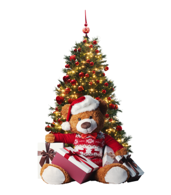 Noel ağacı, oyuncak ayı ve hediyeler