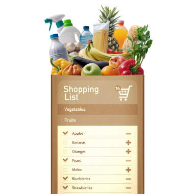 Market poşetinde dijital alışveriş listesi var.