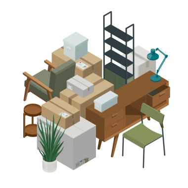 Klasik ofis yeri değiştirme: beyaz arkaplanda izometrik mobilyalar ve karton kutular