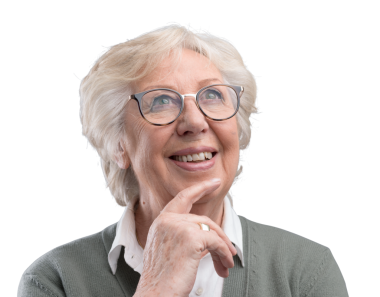 Çene üzerinde el ile düşünme gülümseyen kadın kıdemli