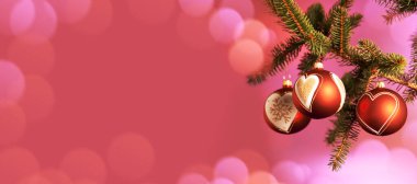 Köknar dalında asılı parlak dekoratif topları olan renkli Noel afişi, boşluğu kopyala