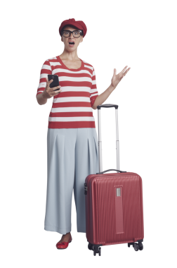 Hayal kırıklığına uğramış gezgin akıllı telefonunu kullanıyor.