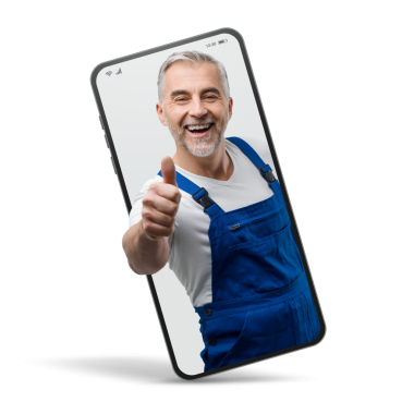 Cheerful repairman and plumber giving a thumbs up in a smartphone videocall and smiling, online  service concept