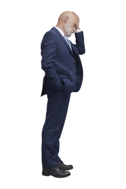 Depresyondaki işadamı ayakta duruyor ve PNG dosyası üzerinde düşünüyor.