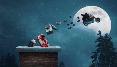 Unconventional Santa Claus riding a motorbike and flying in the night sky on Christmas Eve, he is delivering gifts clipart