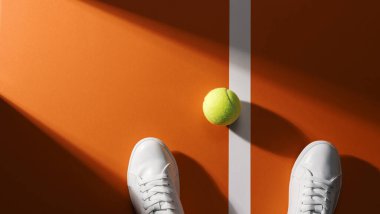 Tennis player standing on the court and playing, shoes and ball close up, copy space clipart