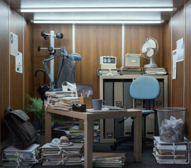 Küçük ofis içi masa, ofis malzemeleri ve bir sürü evrak işi.