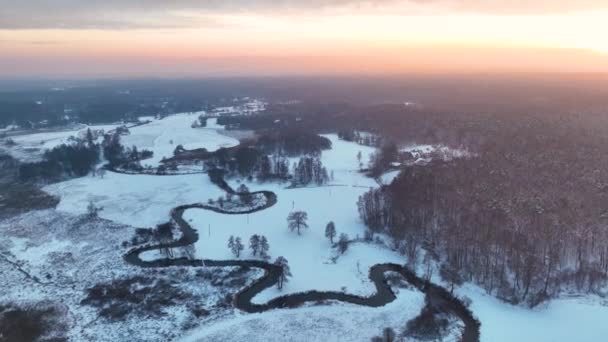 Winter Zonsondergang Boven Rivier Luchtfoto — Stockvideo