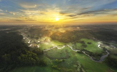 Orman ve nehir üzerinde güzel bir bahar sabahı - insansız hava aracı manzarası
