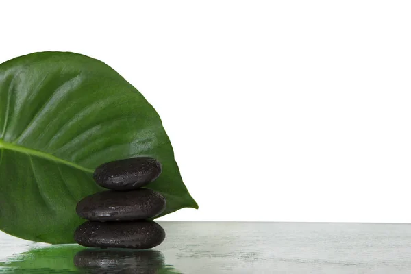 Zen stones and green leaf. Composition of natural alternative medicine, mock-up. Presentation or cosmetic.
