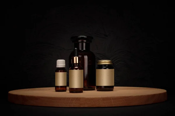 Wooden Podium Dark Background Pharmaceutical Cosmetic Bottles Premium Empty Stage — Stock Photo, Image