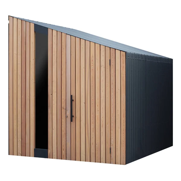 Garden shed, modern, from wood, on white background. Front