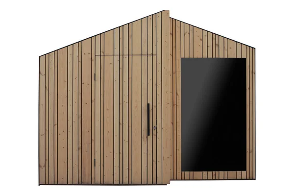 Garden shed, wooden, modern, on white background. Front view.
