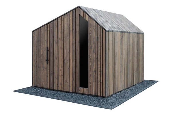 Wooden, modern shed for garden storage on white background.