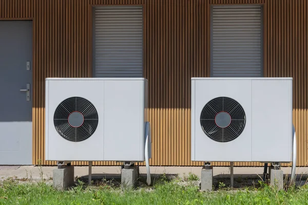 Front Shot Two Air Source Heat Pumps Ecological Home Heating Stock Picture