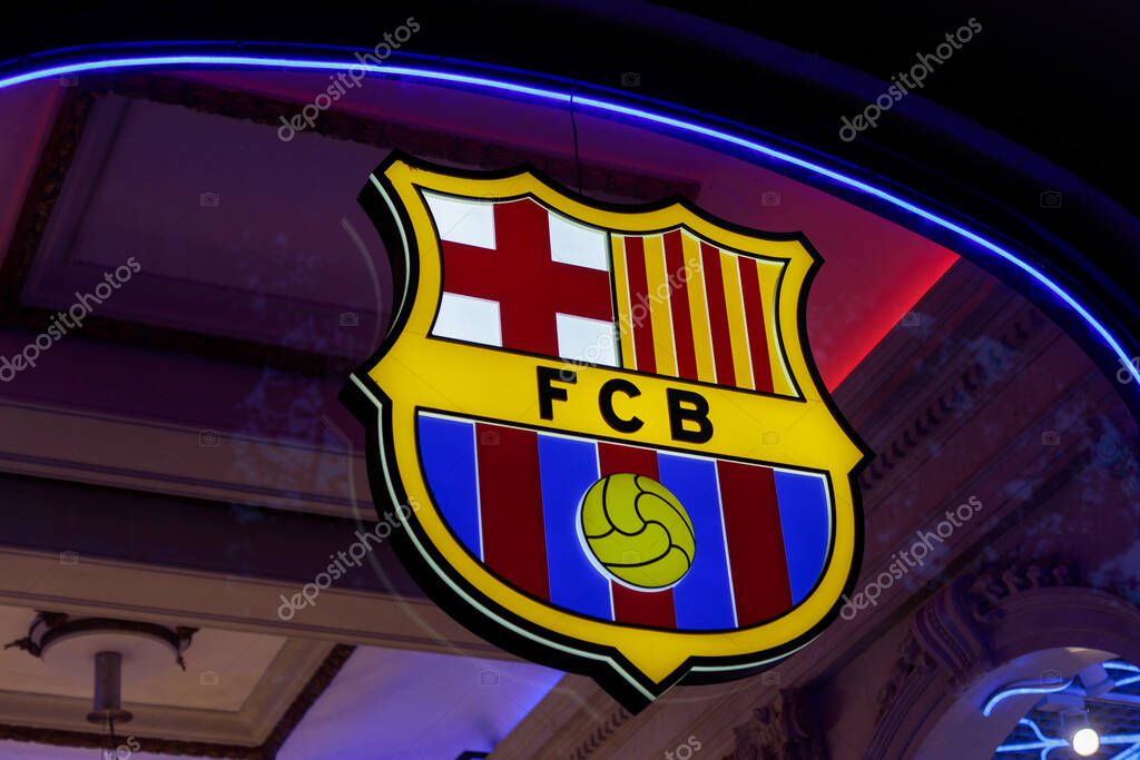 Barcelona, Spain - 09 August 2023: FC Barcelona Official Store Logo, Barcelona, Spain.