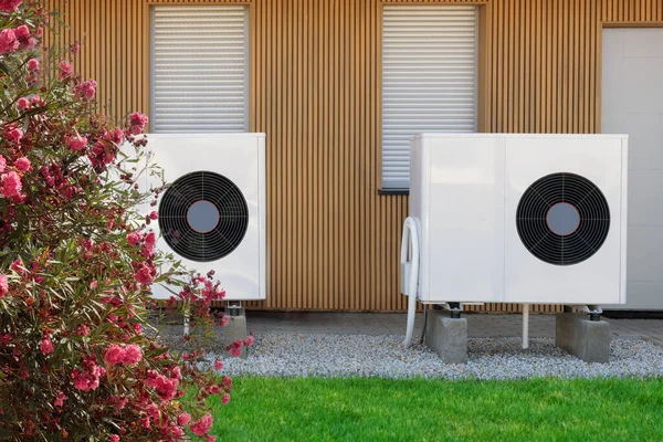 Eco Friendly Air Source Heat Pumps Modern Home Facade Stock Image