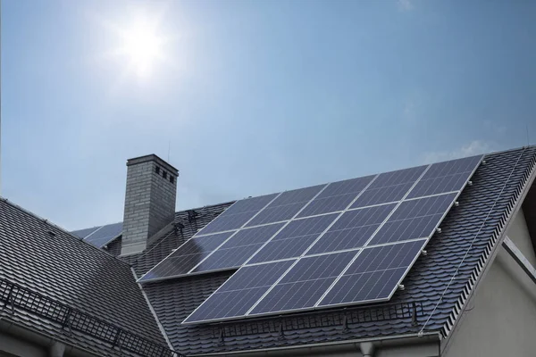 Rooftop Solar Panels Residential Building Stock Photo