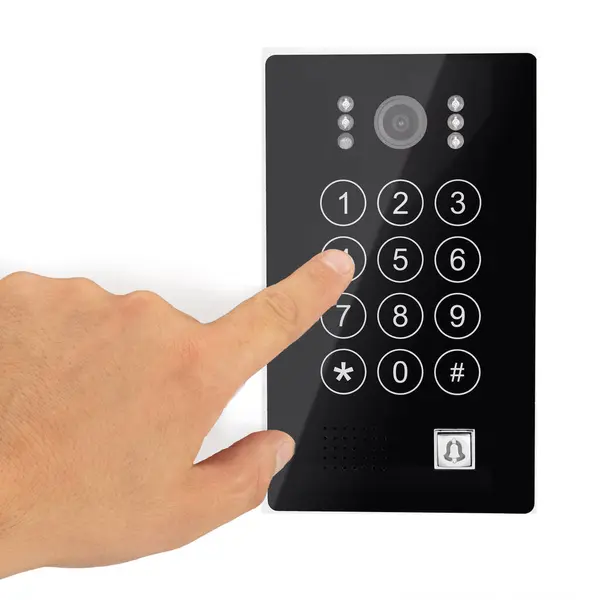 Finger Pressing Code on Security Keypad, Intercom