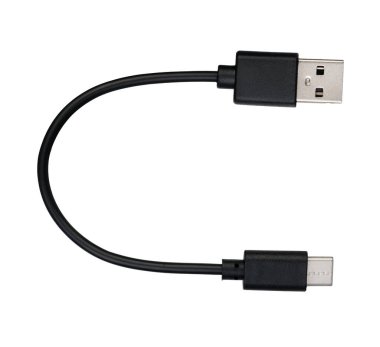 Beyaz arkaplanda izole edilmiş siyah USB 'den USB-C adaptör kablosu.