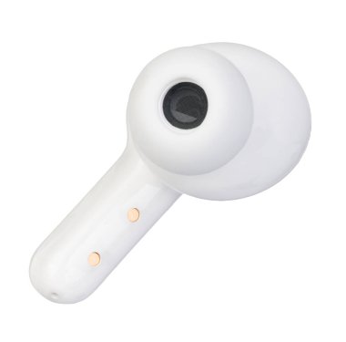 A side profile of a white wireless earbud isolated on a white background, showcasing its sleek design. clipart