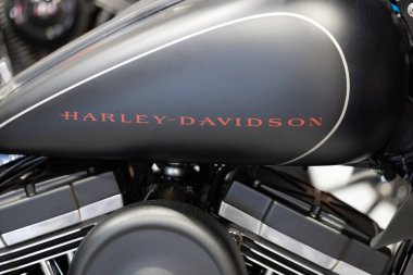 Poznan, Polonya. 8 Nisan 2022. Motosiklet fuarında Harley-Davidson logosu