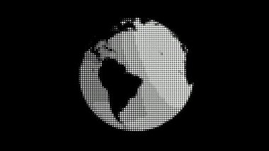 Yarım ton efektini kullanarak oluşan dönen bir küreyi gösteren grafik beyaz noktalar kıtaları oluşturur ve koyu bir arkaplanda hareket efekti ve döndürme illüzyonu yaratır