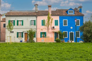 Burano İtalya 'da yeşil çimenli renkli kır evleri