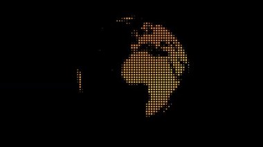 Parlayan turuncu ve sarı piksellerden oluşan dönen bir dijital toprak küresinin animasyonu.