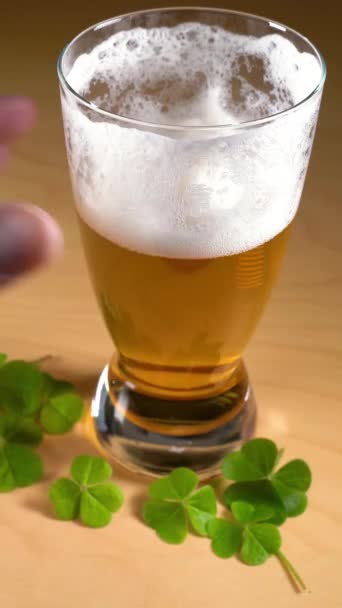 手を保持し ビールのガラスを上げる 聖パトリックの日 幸運の魅力とアイルランドとアイルランド系アメリカ人の文化の認識に適しています 垂直ビデオ — ストック動画