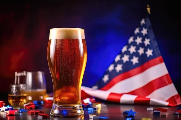 Szklanka Piwa Drewnianym Stole Tło Flagi Usa Świętować Dzień Niepodległości — Zdjęcie stockowe
