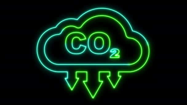 暗い背景に明るいネオンライトでレンダリングされたCo2削減シンボル 気候の影響を軽減するために 人類が炭素排出を削減する緊急の必要性を象徴しています — ストック動画