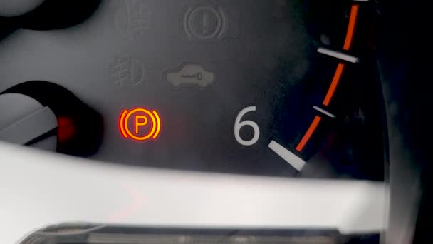 Close Look Dashboard Car Focusing Warning Signals Parking Brake Light — Stock Video