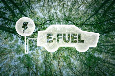 Icon of a car with the word e-fuel and a lush forest in the background. Suitable for concepts as Zero emissions, e-fuel, Circular economy and net CO2 emissions. clipart