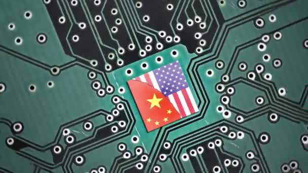 Flag Usa China Microprocessor Cpu Gpu Microchip Motherboard Symbolizing War — Stock Video