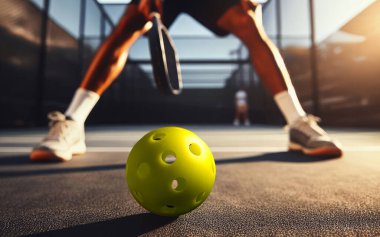 Sahada bir yankesicilik topu yakın çekim. Seçici odaklanma. Pickleball Amerika 'nın en hızlı büyüyen sporudur.
