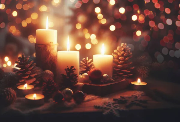 Gezellige Atmosferische Wazig Achtergrond Voor Kerst Met Kaarsen Stockafbeelding