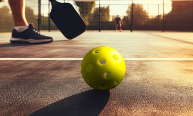 Sahada bir yankesicilik topu yakın çekim. Seçici odaklanma. Pickleball Amerika 'nın en hızlı büyüyen sporudur.
