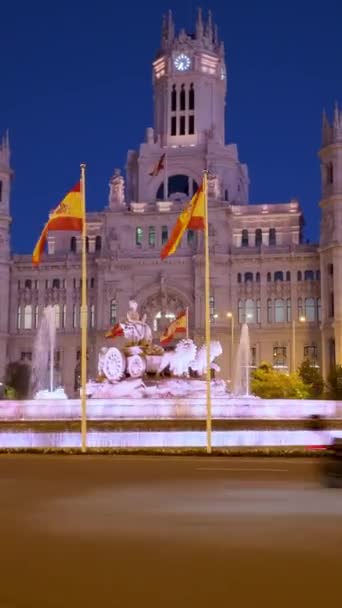 Célèbre Fontaine Cibeles Hôtel Ville Madrid Crépuscule Images Hyperlapsus Pendant — Video
