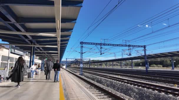 西班牙塔拉戈纳 2023年11月6日 Ave高速列车抵达巴塞罗那高速铁路 Madrid Barcelona High Speed Rail Line 的一部分塔拉戈纳营火车站 — 图库视频影像