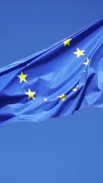 Прапор Європейського Союзу Золотими Зірками Падають Вітер Проти Блакитного Сонячного — стокове відео